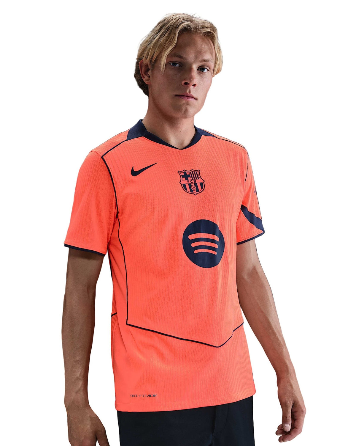 Nike Frenkie De Jong FC Barcelona Third T90 Authentic Jersey 25/26 w/ Champions League Patches (Mango/Navy) | SoccerWearhouse