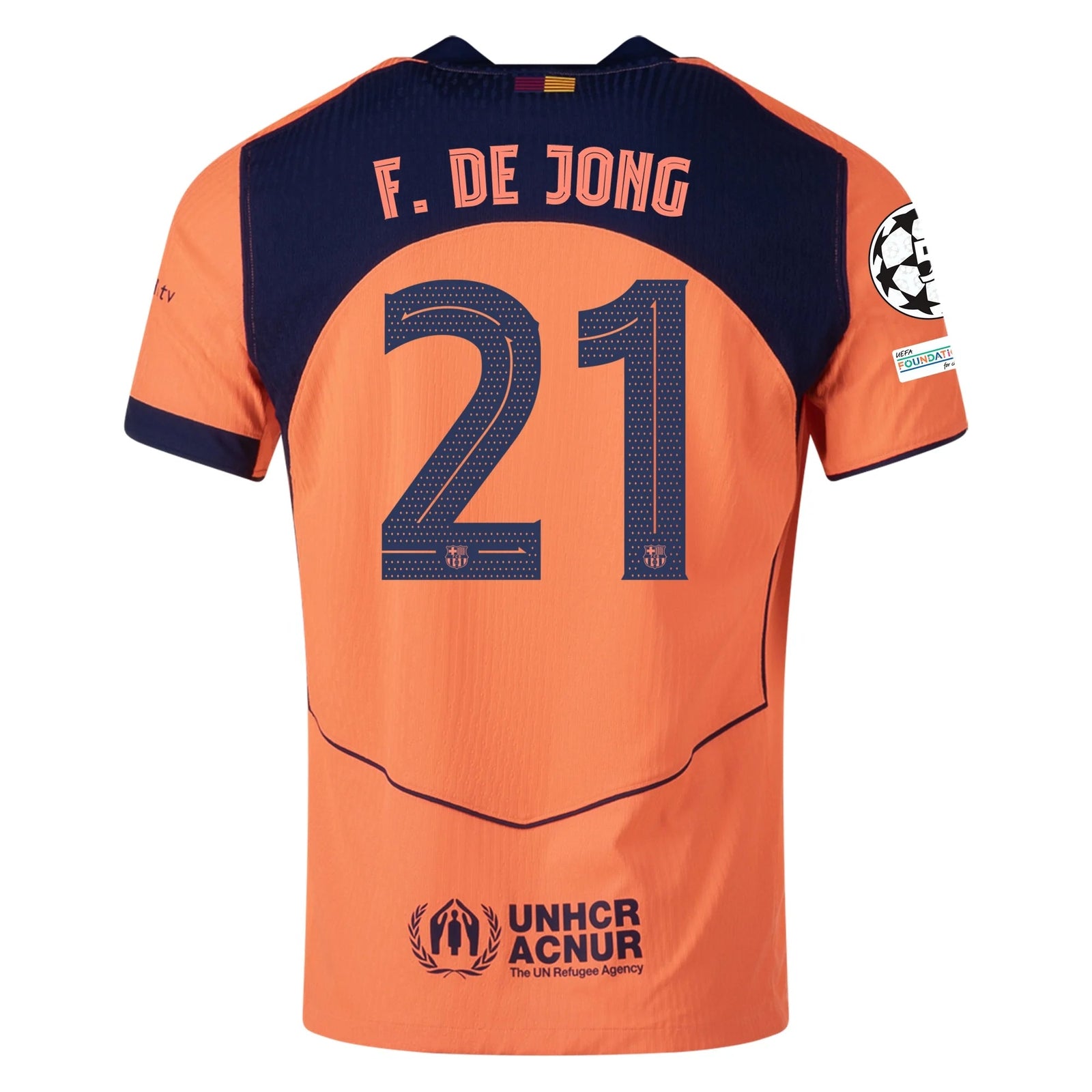 Nike Frenkie De Jong FC Barcelona Third T90 Authentic Jersey 25/26 w/ Champions League Patches (Mango/Navy) | SoccerWearhouse