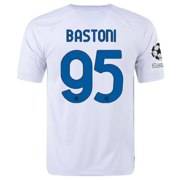 Nike Inter Milan Alessandro Bastoni Away Jersey w/ Champions League + Copa Italia Patches 23/24 (White/Lyon Blue) | SoccerWearhouse