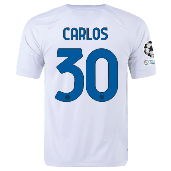Nike Inter Milan Carlos Away Jersey w/ Champions League + Copa Italia Patches 23/24 (White/Lyon Blue) | SoccerWearhouse