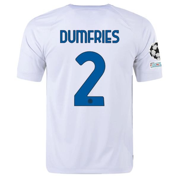 Nike Inter Milan Denzel Dumfries Away Jersey w/ Champions League + Copa Italia Patches 23/24 (White/Lyon Blue) | SoccerWearhouse