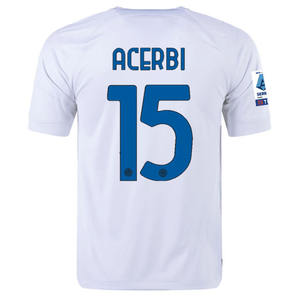 Nike Inter Milan Francesco Acerbi Away Jersey w/ Series A + Copa Italia Patches 23/24 (White/Lyon Blue) | SoccerWearhouse