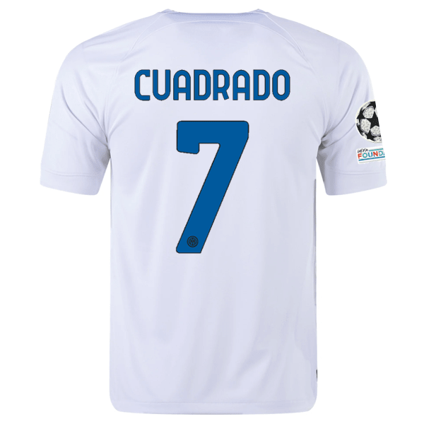 Nike Inter Milan Juan Cuadrado Away Jersey w/ Champions League + Copa Italia Patches 23/24 (White/Lyon Blue) | SoccerWearhouse