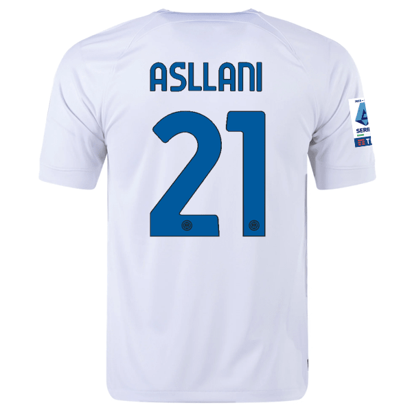 Nike Inter Milan Kristjan Asllani Away Jersey w/ Series A + Copa Italia Patches 23/24 (White/Lyon Blue) | SoccerWearhouse