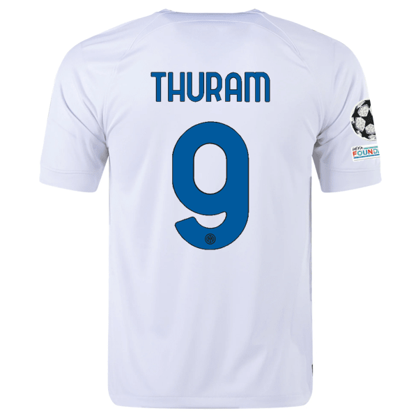 Nike Inter Milan Marcus Thuram Away Jersey w/ Champions League + Copa Italia Patches 23/24 (White/Lyon Blue) | SoccerWearhouse