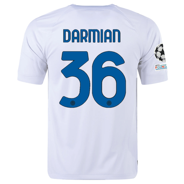 Nike Inter Milan Matteo Darmian Away Jersey w/ Champions League + Copa Italia Patches 23/24 (White/Lyon Blue) | SoccerWearhouse