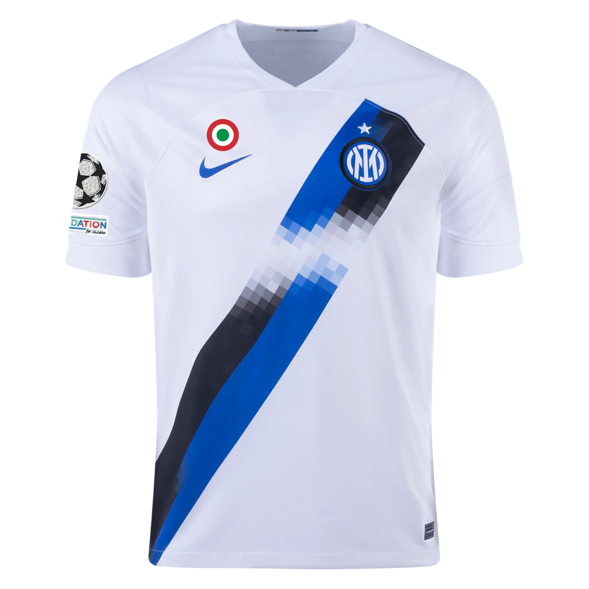 Nike Inter Milan Yann Aurel Bisseck Away Jersey w/ Champions League + Copa Italia Patches 23/24 (White/Lyon Blue) | SoccerWearhouse