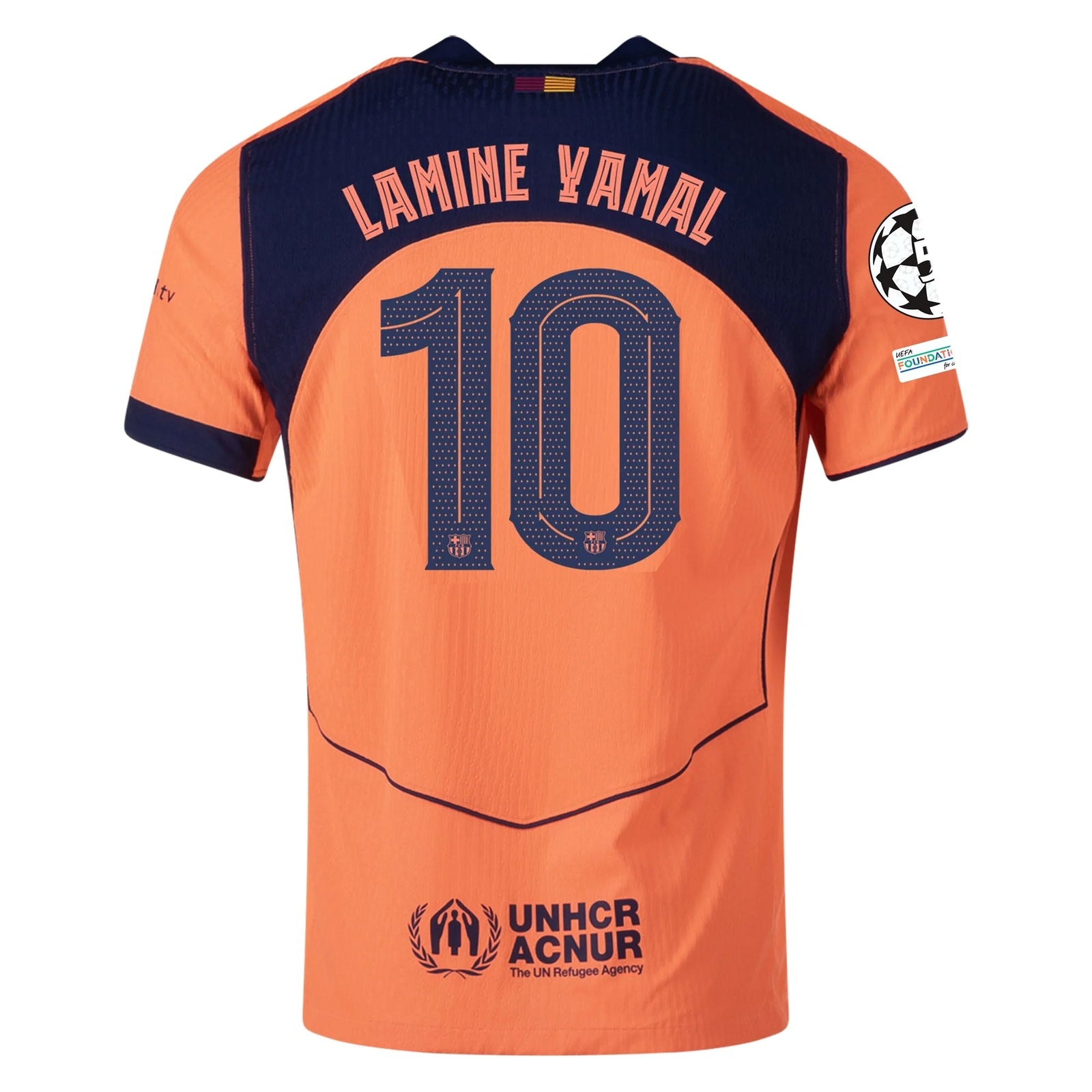 Nike Lamine Yamal FC Barcelona Third T90 Authentic Jersey 25/26 w/ Champions League Patches (Bright Mango/Midnight Navy) | SoccerWearhouse