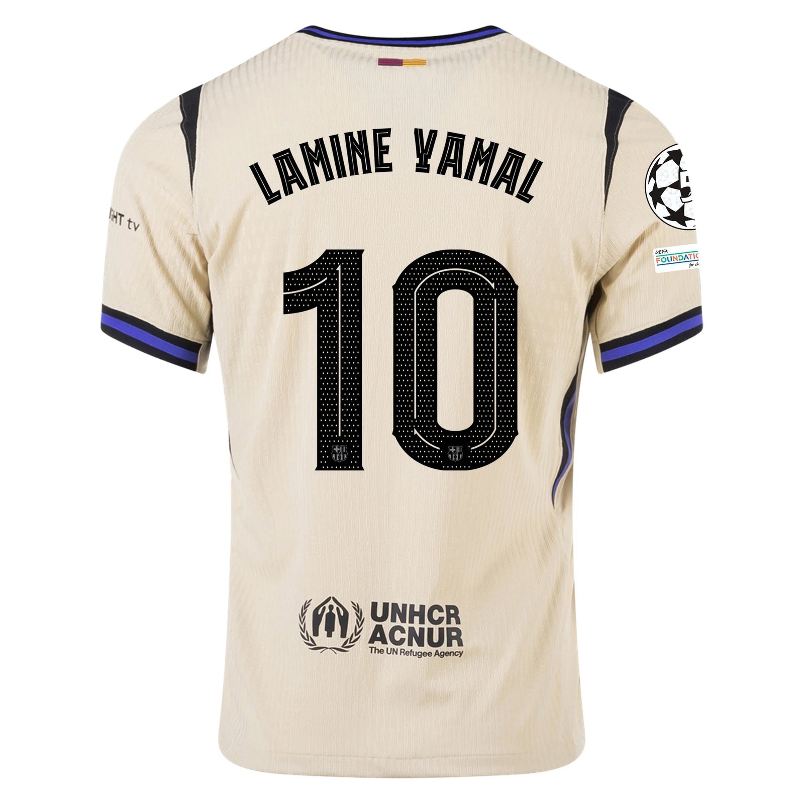 Nike Lamine Yamal Men's FC Barcelona Authentic Away Jersey w/ Champions League Patches (Team Gold/Persian Violet/Black) | SoccerWearhouse