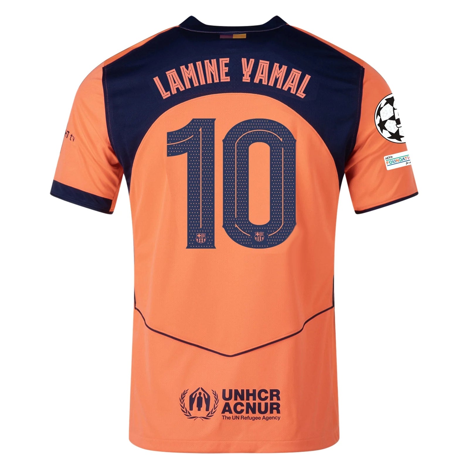 Nike Lamine Yamal Men's FC Barcelona T90 Third Jersey 25/26 w/ Champions League Patches (Mango/Navy) | SoccerWearhouse