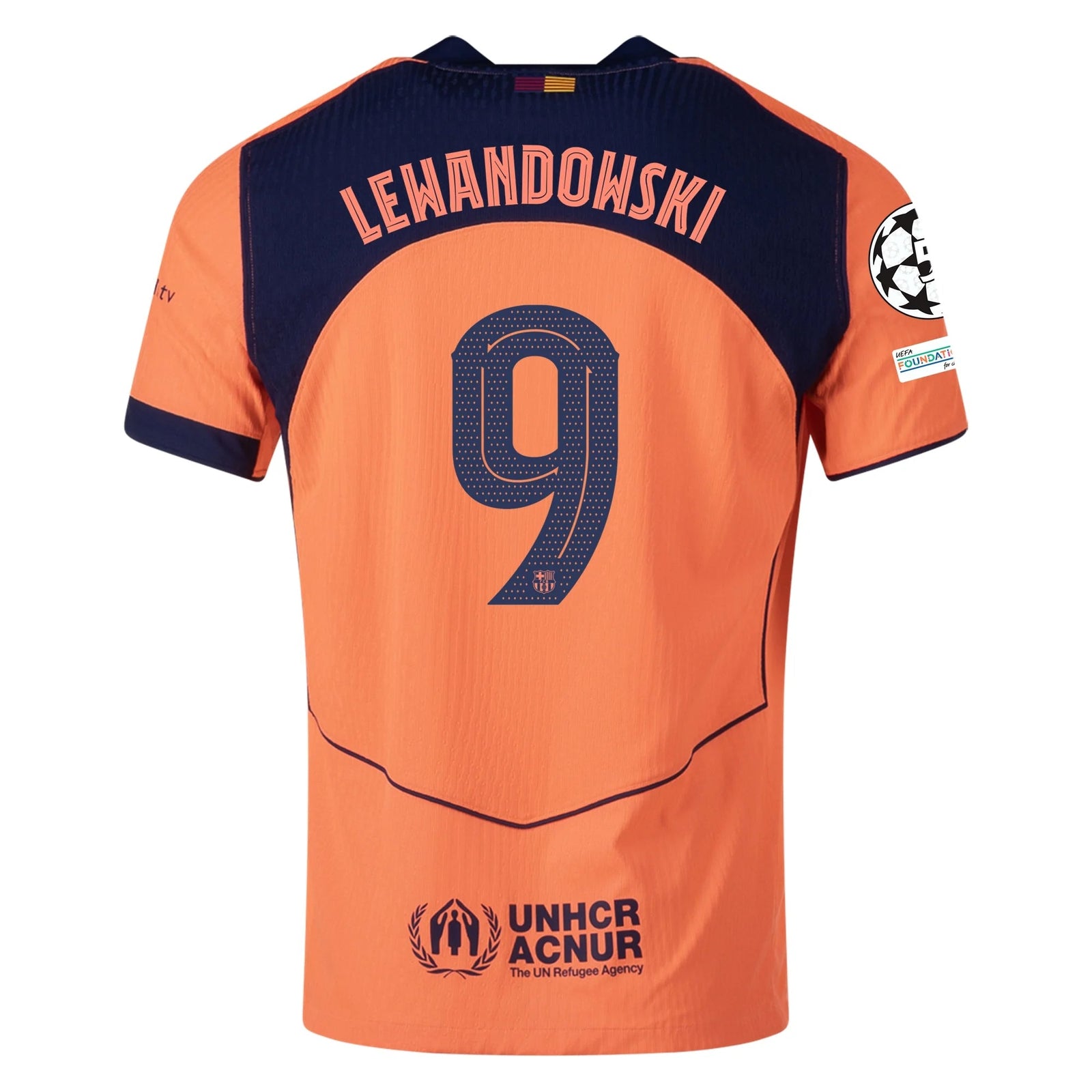 Nike Lewandowski FC Barcelona Third T90 Authentic Jersey 25/26 w/ Champions League Patches (Mango/Navy) | SoccerWearhouse