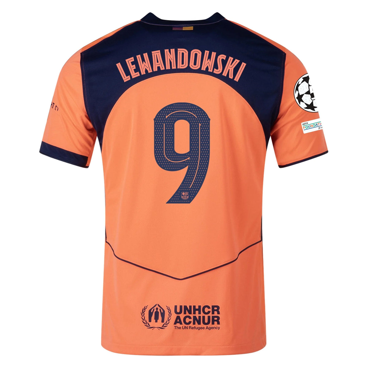 Nike Lewandowski Men's FC Barcelona T90 Third Jersey 25/26 w/ Champions League Patches (Mango/Navy) | SoccerWearhouse