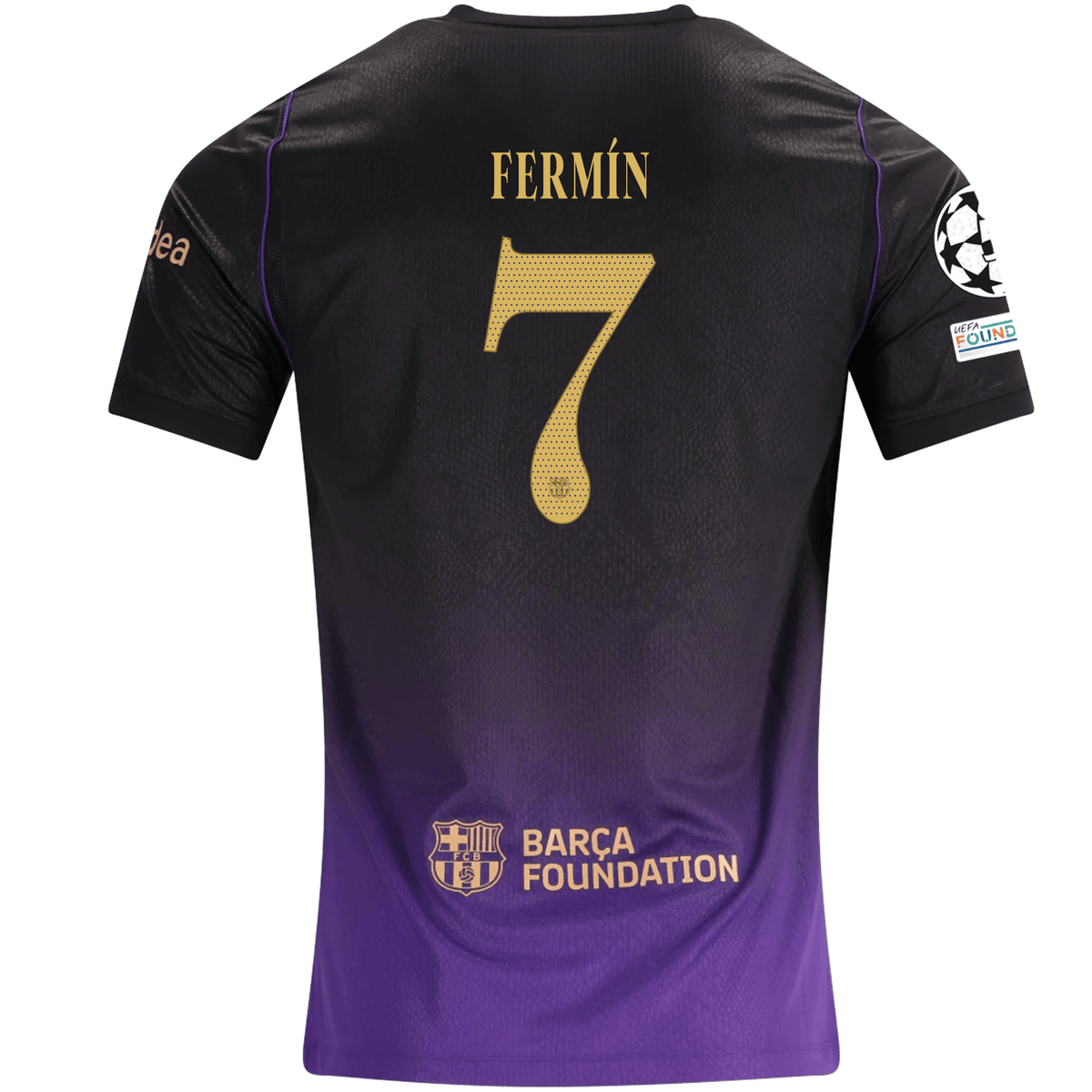 Nike Mens Barcelona Fermín López Away Jersey w/ Champions League Patches 26/27 (Purple/Metallic Gold) | SoccerWearhouse