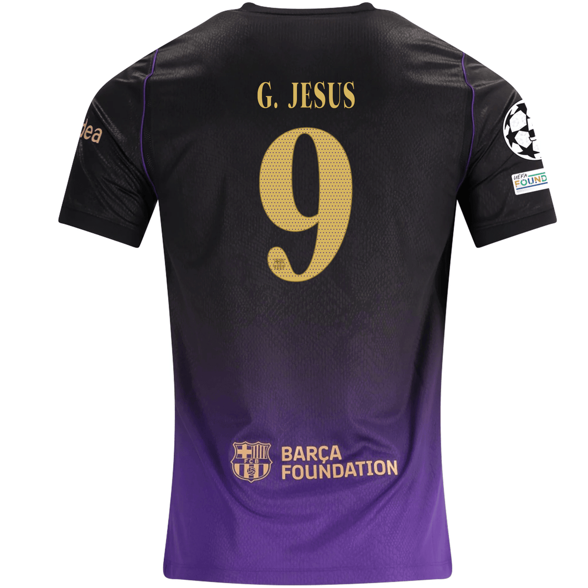 Nike Mens Barcelona Gabriel Jesus Away Jersey w/ Champions League Patches 26/27 (Purple/Metallic Gold) | SoccerWearhouse