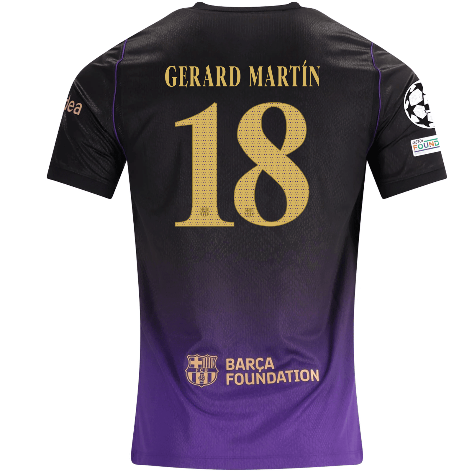 Nike Mens Barcelona Gerard Martín Away Jersey w/ Champions League Patches 26/27 (Purple/Metallic Gold) | SoccerWearhouse