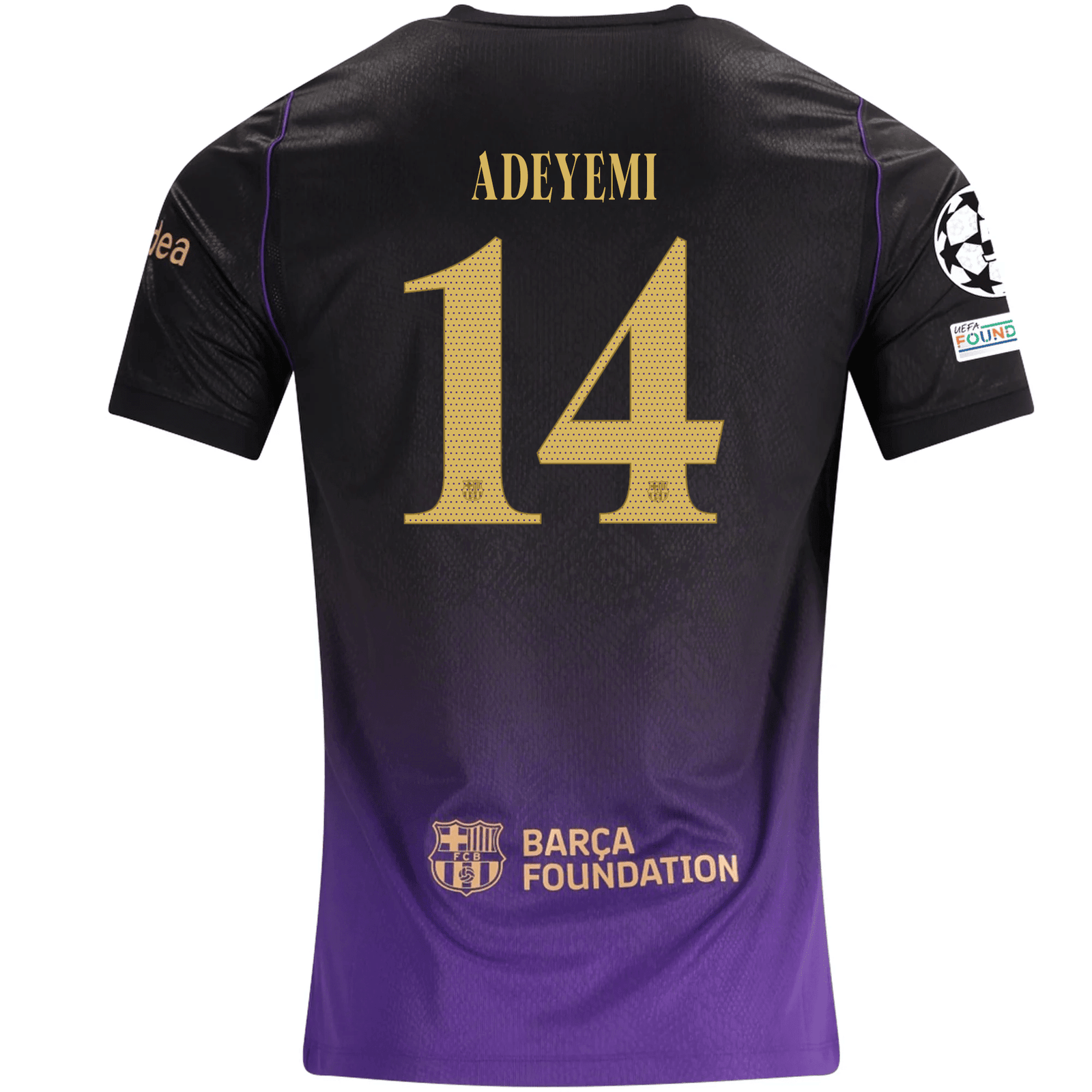 Nike Mens Barcelona Karim Adeyemi Away Jersey w/ Champions League Patches 26/27 (Purple/Metallic Gold) | SoccerWearhouse