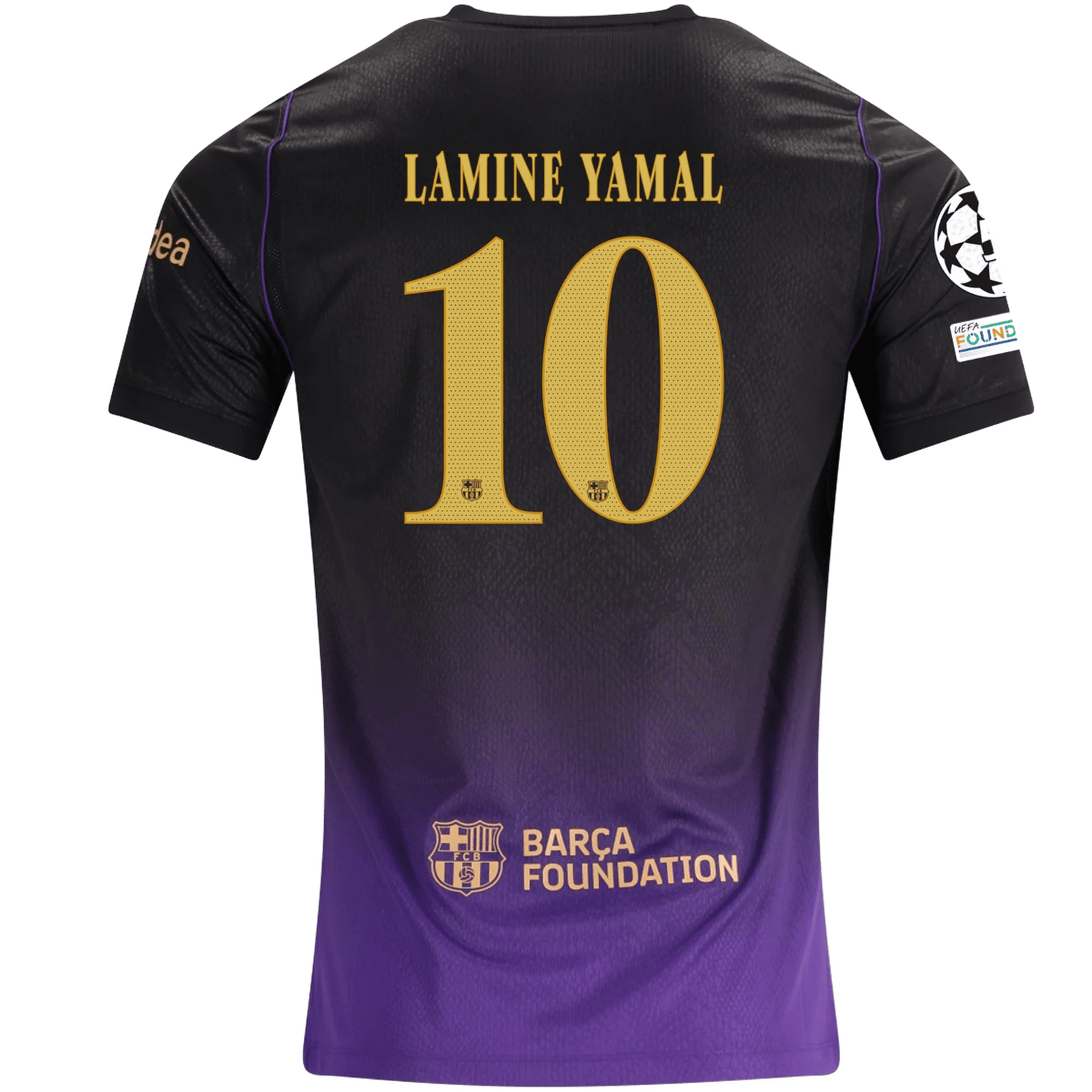 Nike Mens Barcelona Lamine Yamal Away Jersey w/ Champions League Patches 26/27 (Purple/Metallic Gold) | SoccerWearhouse