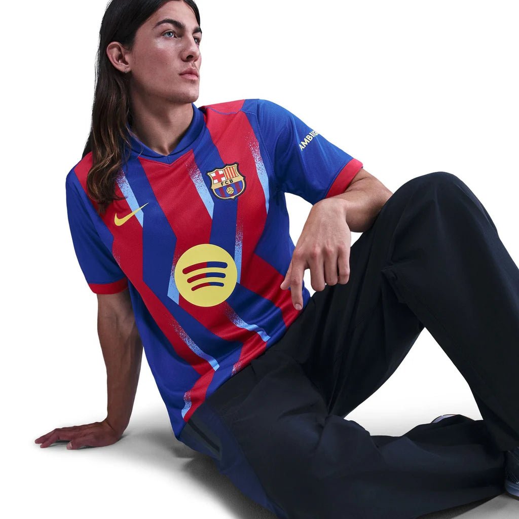 Nike Men's FC Barcelona Bernal 4th Jersey 25/26 w/ La Liga Patches (Blue/Red/Yellow) | SoccerWearhouse