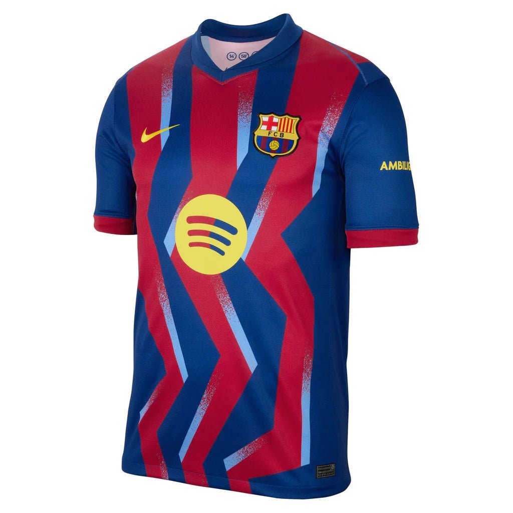 Nike Men's FC Barcelona Bernal 4th Jersey 25/26 w/ La Liga Patches (Blue/Red/Yellow) | SoccerWearhouse
