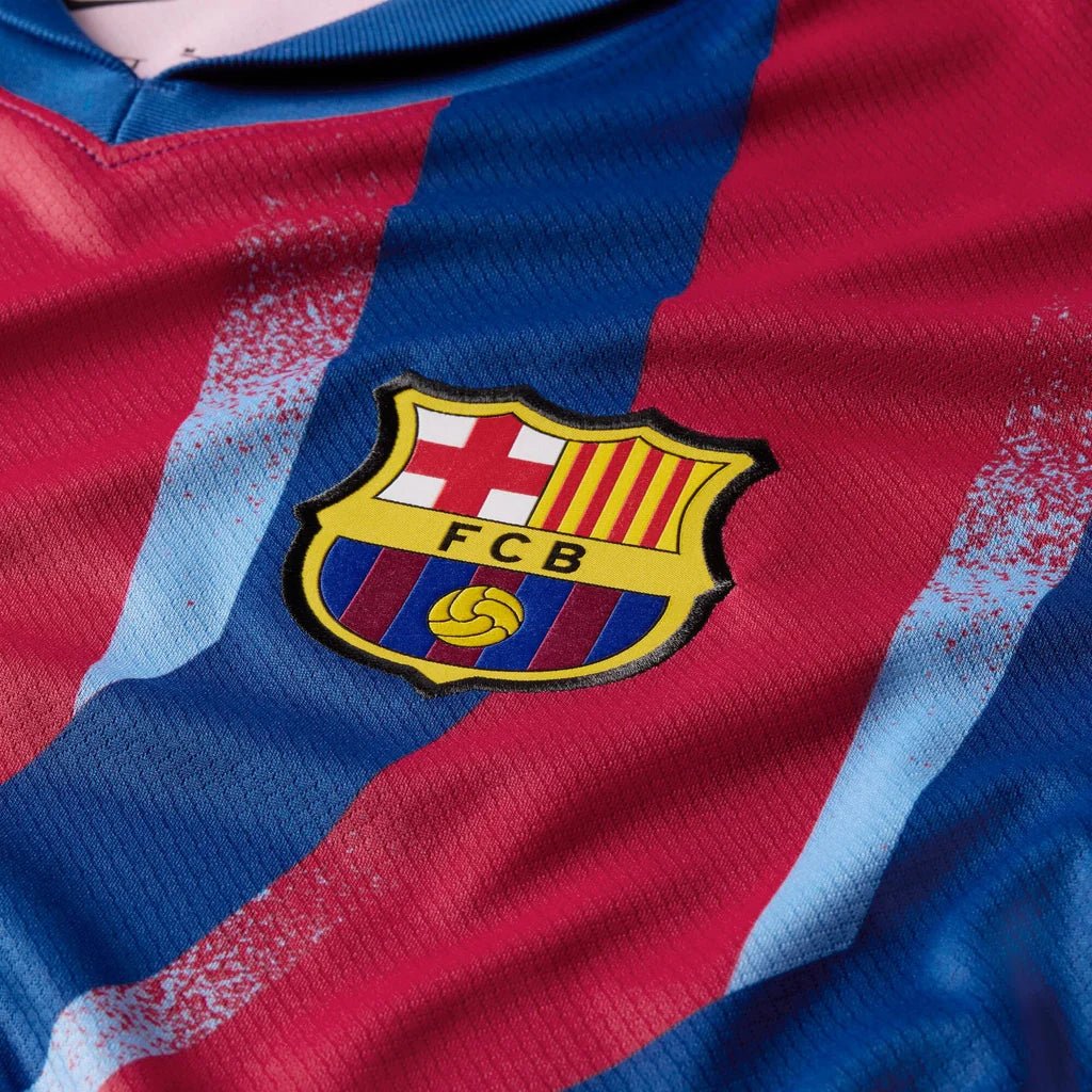 Nike Men's FC Barcelona Bernal 4th Jersey 25/26 w/ La Liga Patches (Blue/Red/Yellow) | SoccerWearhouse