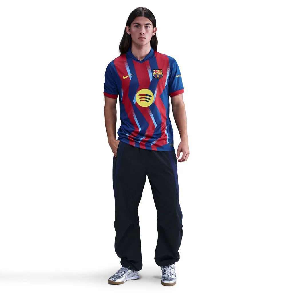 Nike Men's FC Barcelona Bernal 4th Jersey 25/26 w/ La Liga Patches (Blue/Red/Yellow) | SoccerWearhouse