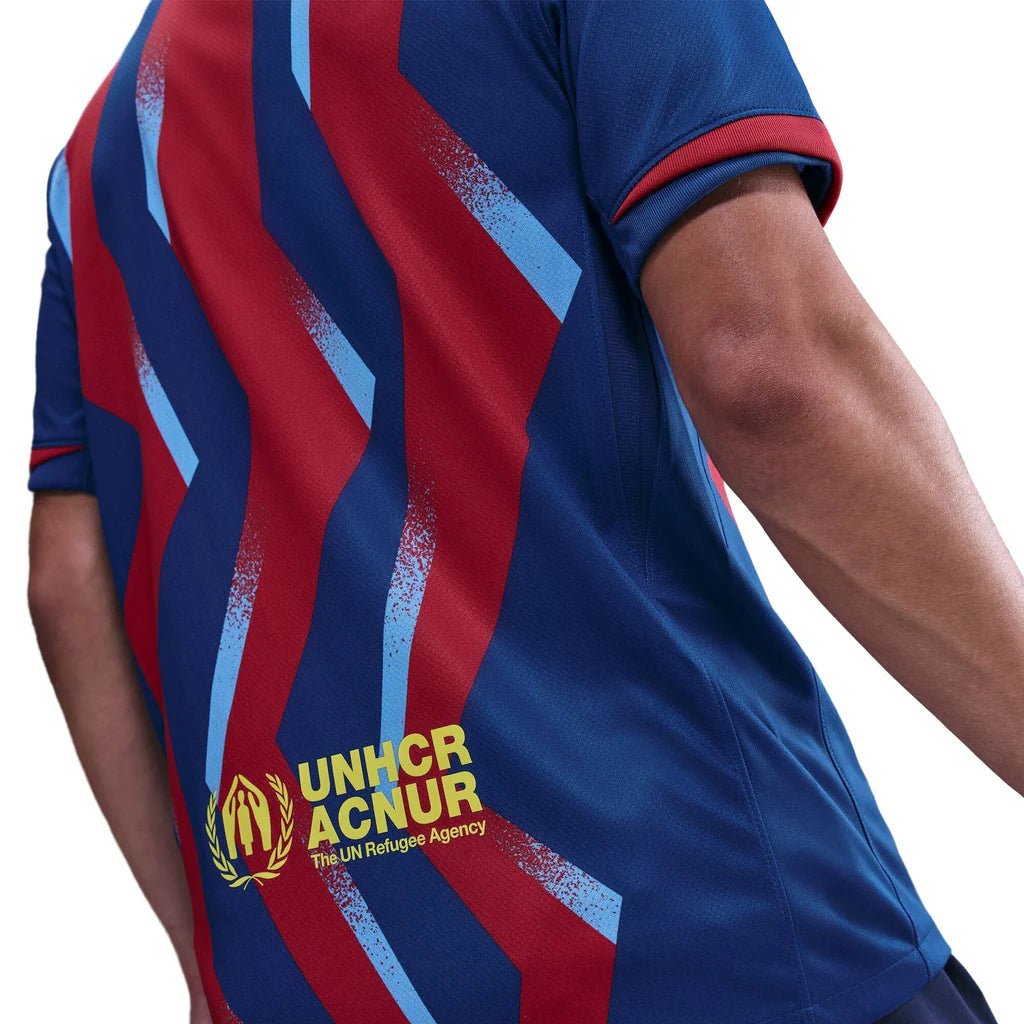 Nike Men's FC Barcelona Bernal 4th Jersey 25/26 w/ La Liga Patches (Blue/Red/Yellow) | SoccerWearhouse