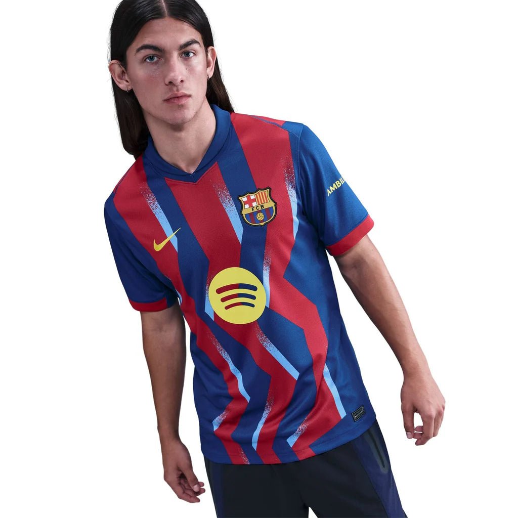 Nike Men's FC Barcelona Bernal 4th Jersey 25/26 w/ La Liga Patches (Blue/Red/Yellow) | SoccerWearhouse