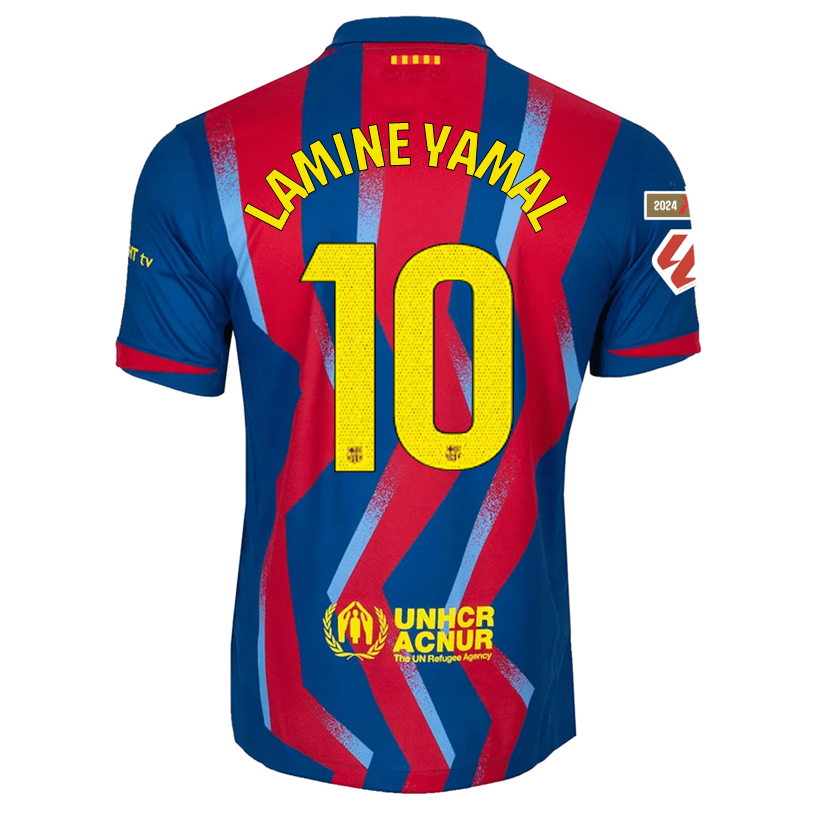Nike Men's FC Barcelona Lamine Yamal 4th Jersey 25/26 w/ La Liga Patches (Blue/Red/Yellow) | SoccerWearhouse
