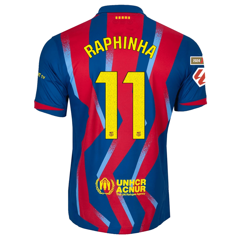 Nike Men's FC Barcelona Raphinha 4th Jersey 25/26 w/ La Liga Patches (Blue/Red/Yellow) | SoccerWearhouse