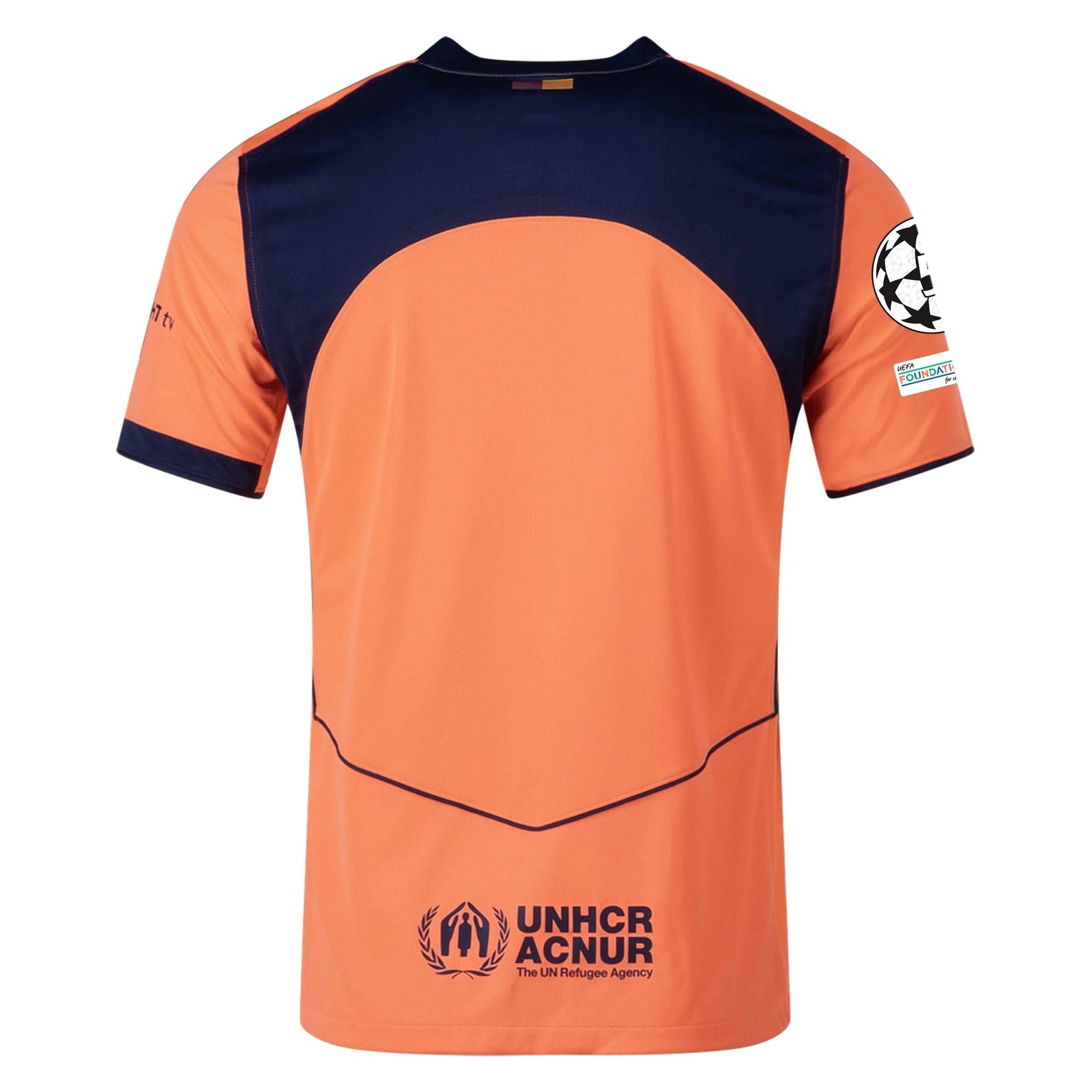Nike Men's FC Barcelona T90 Third Jersey 25/26 w/ Champions League Patches (Mango/Navy) | SoccerWearhouse
