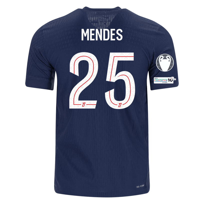 Nike Men's Mendes Paris Saint - Germain Authentic Home Jersey 25/26 w/ Champions League Patches (Navy) | SoccerWearhouse