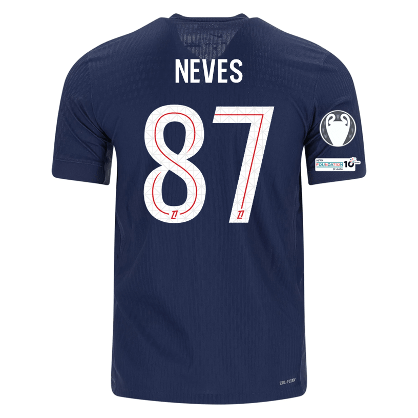 Nike Men's Neves Paris Saint - Germain Authentic Home Jersey 25/26 w/ Champions League Patches (Navy) | SoccerWearhouse