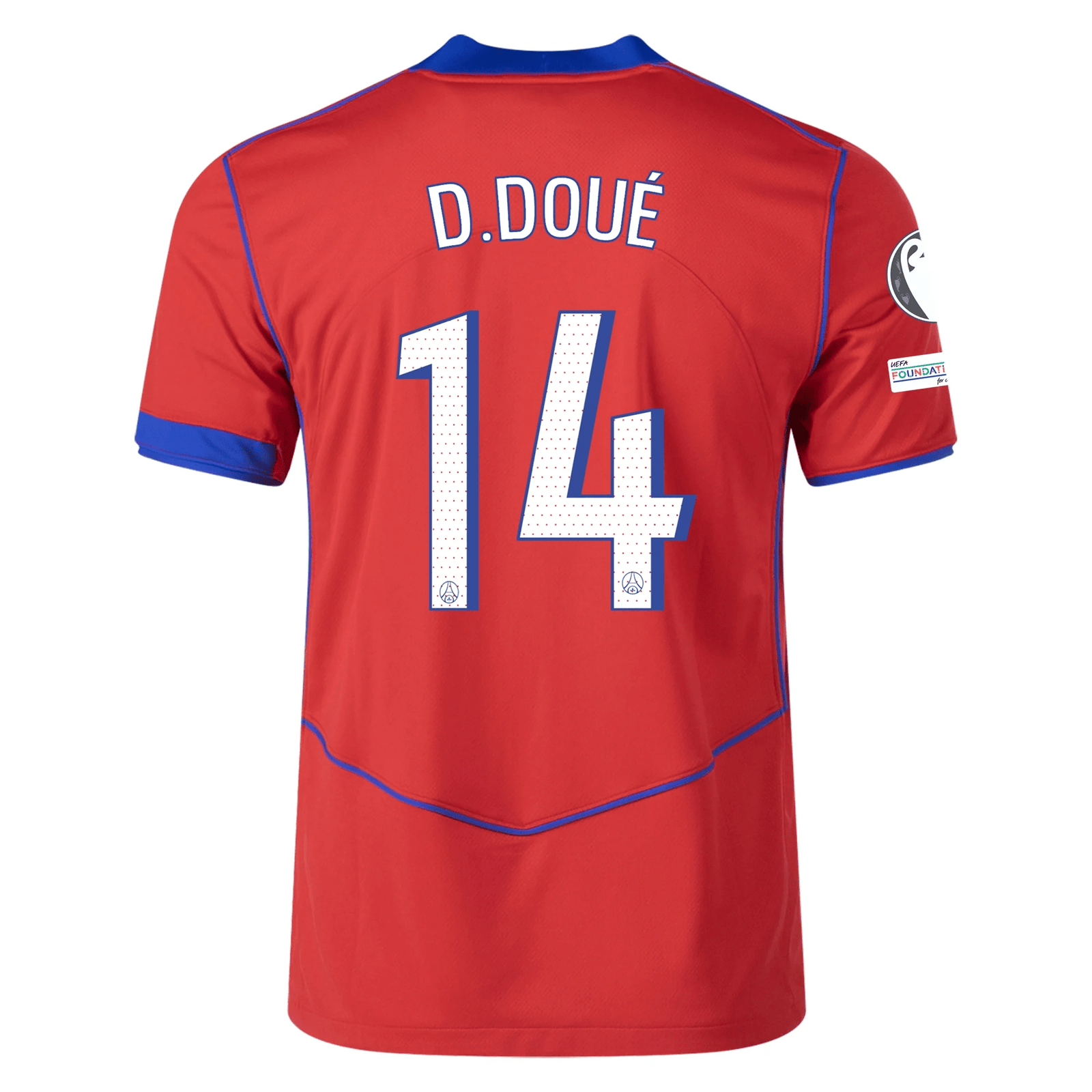 Nike Men's Paris Saint - Germain Désiré Doué T90 Third Jersey w/ Champions League Patches 25/26 (Sport Red/Hyper Royal) | SoccerWearhouse