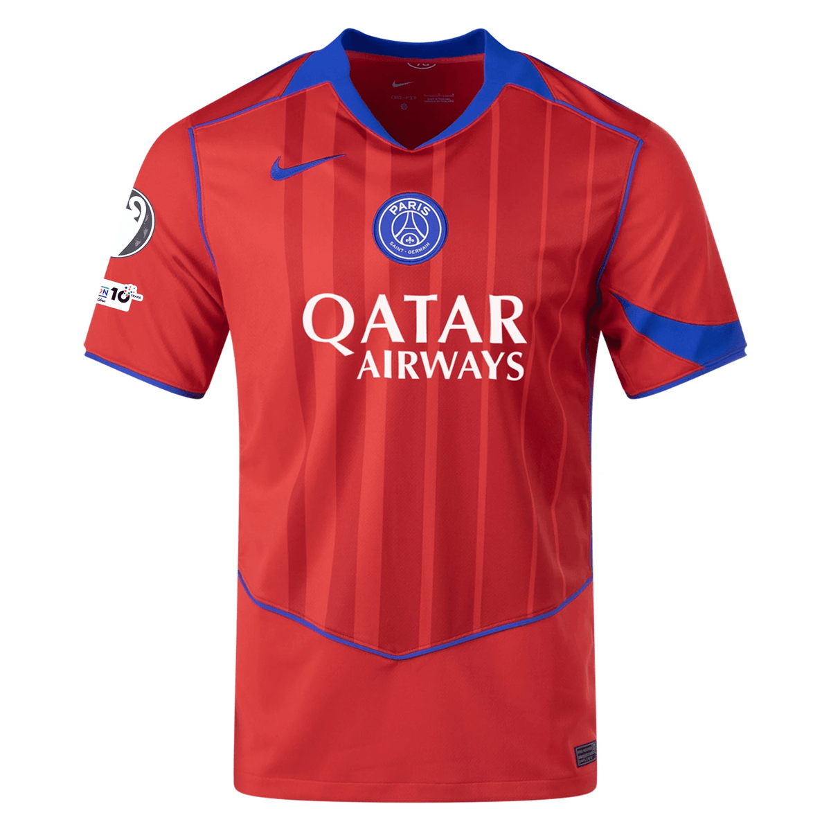 Nike Men's Paris Saint - Germain João Neves T90 Third Jersey w/ Champions League Patches 25/26 (Sport Red/Hyper Royal) | SoccerWearhouse