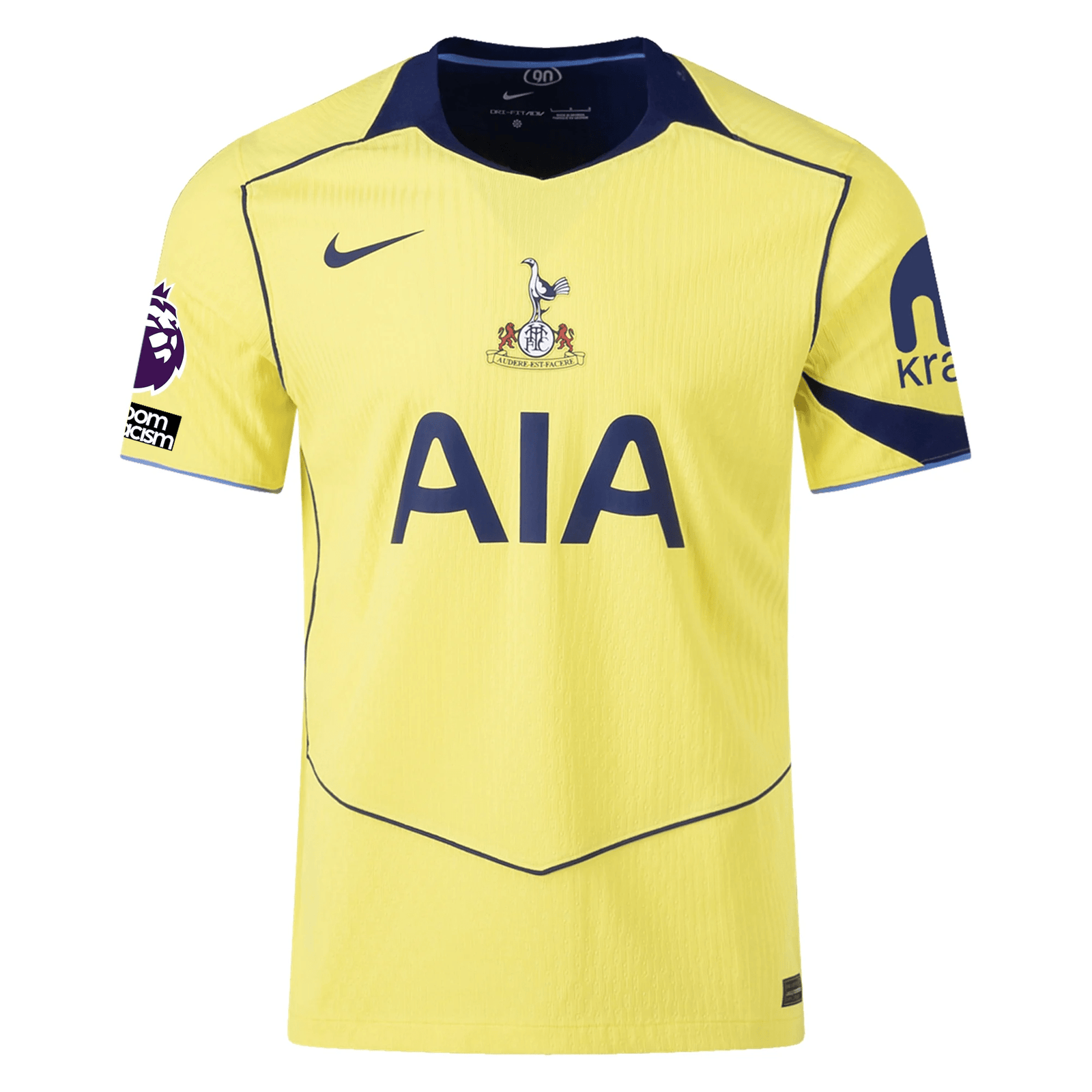Nike Men's Tottenham Authentic James Maddison T90 Third Jersey w/ EPL + No Room For Racism 25/26 (Dynamic Yellow/Blue Void) | SoccerWearhouse