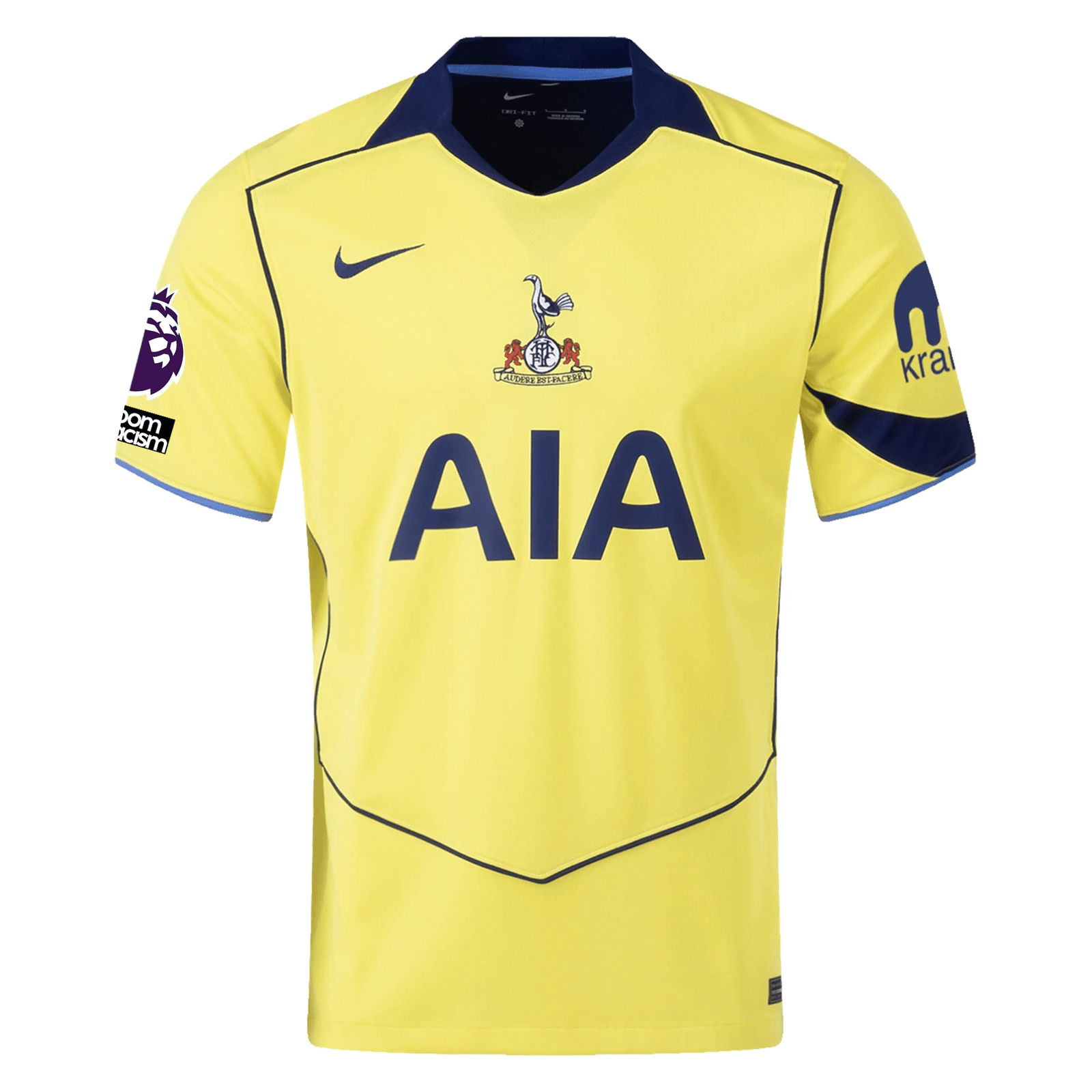 Nike Men's Tottenham Xavi Simmons T90 Third Jersey w/ EPL + No Room For Racism 25/26 (Dynamic Yellow/Blue Void) | SoccerWearhouse