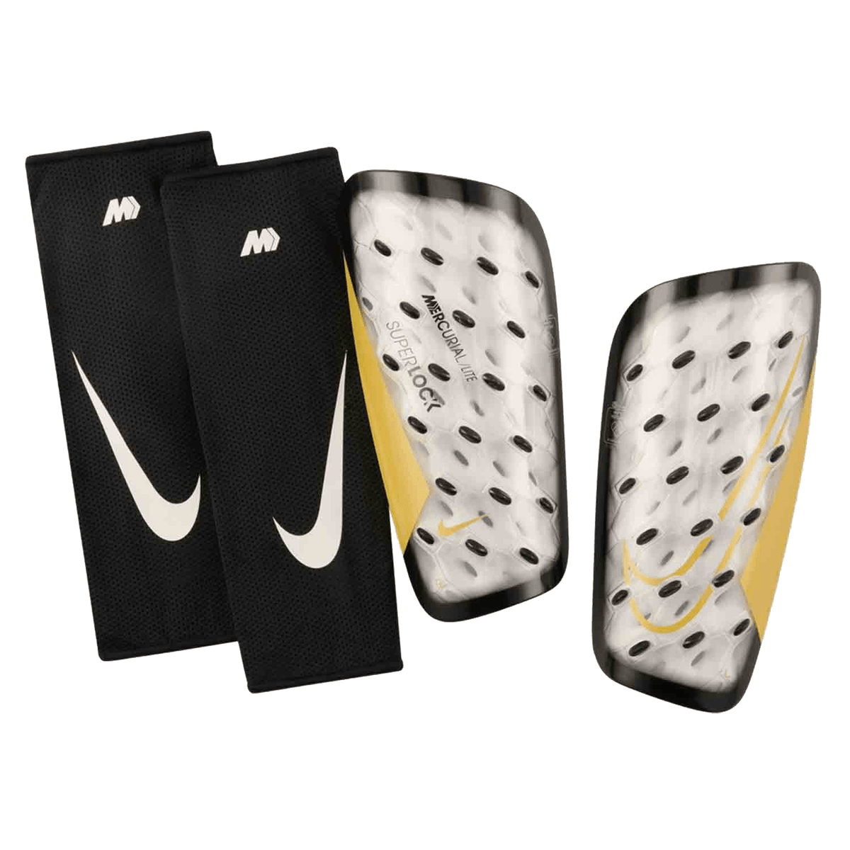 Nike Mercurial Lite Superlock Shin Guard (White/Black/Metallic Gold Coin) | SoccerWearhouse