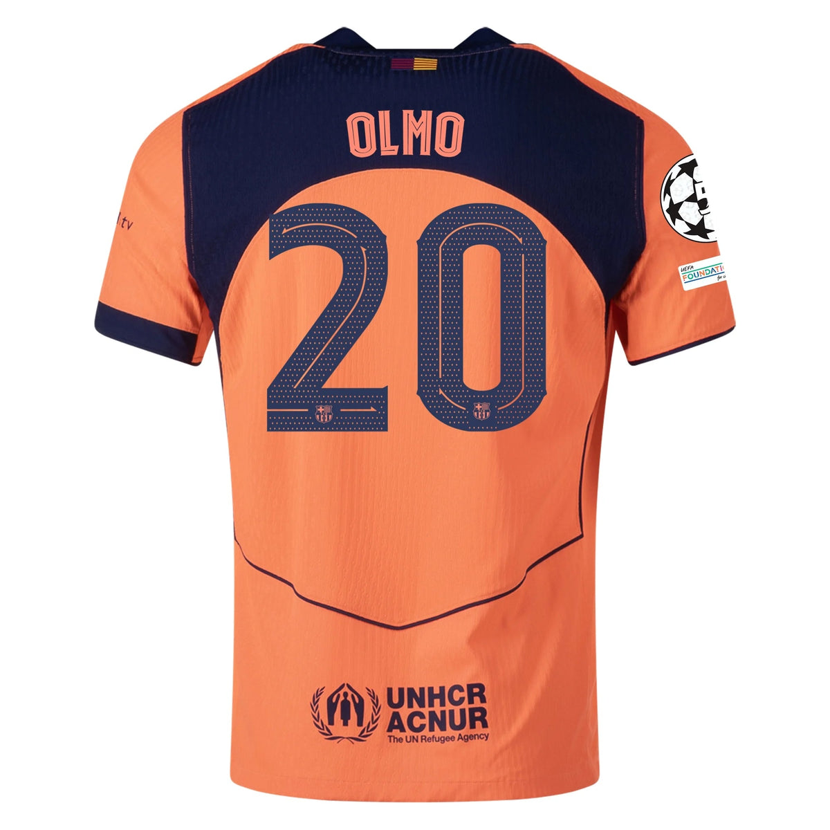 Nike Olmo FC Barcelona Third T90 Authentic Jersey 25/26 w/ Champions League Patches (Mango/Navy) | SoccerWearhouse