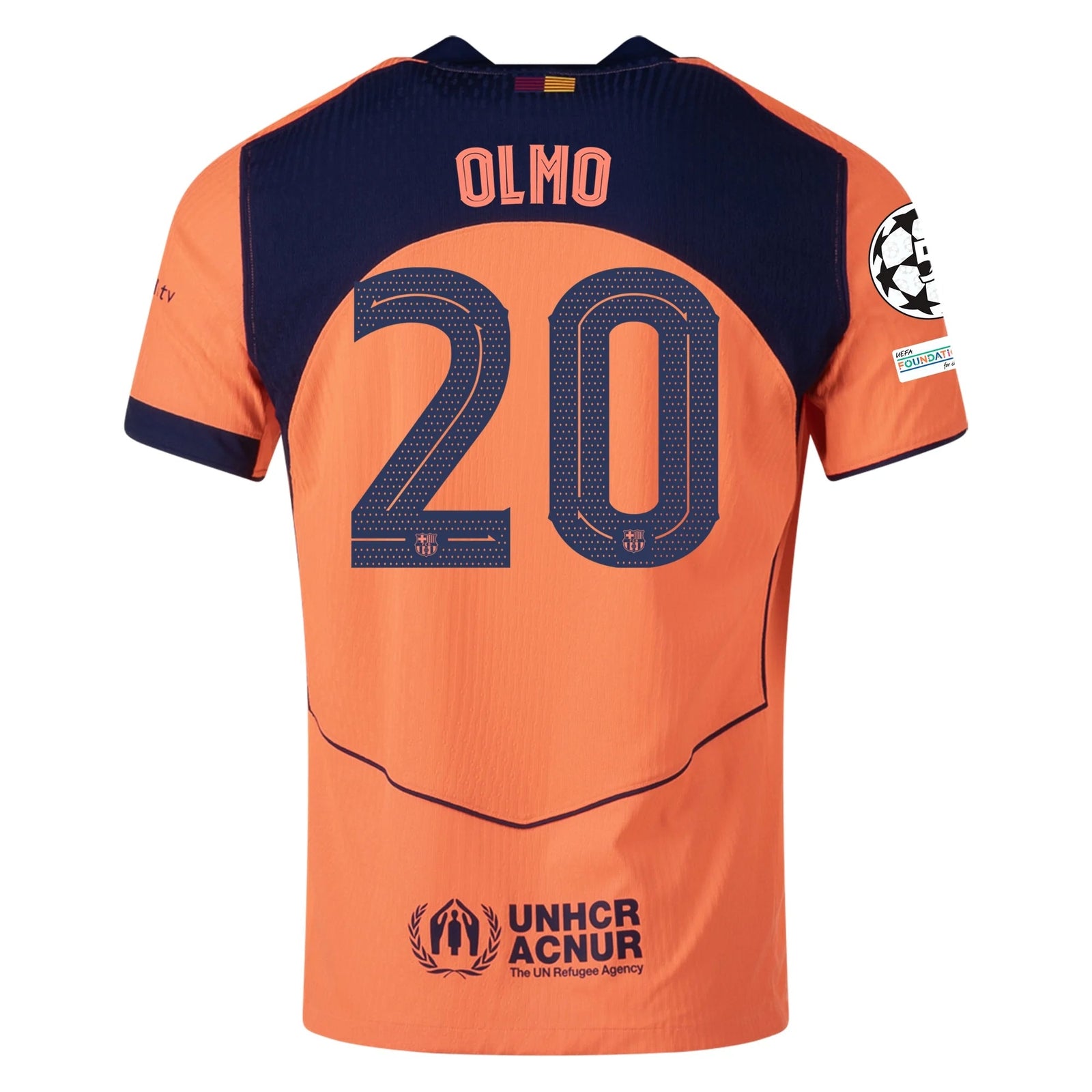 Nike Olmo FC Barcelona Third T90 Authentic Jersey 25/26 w/ Champions League Patches (Mango/Navy) | SoccerWearhouse