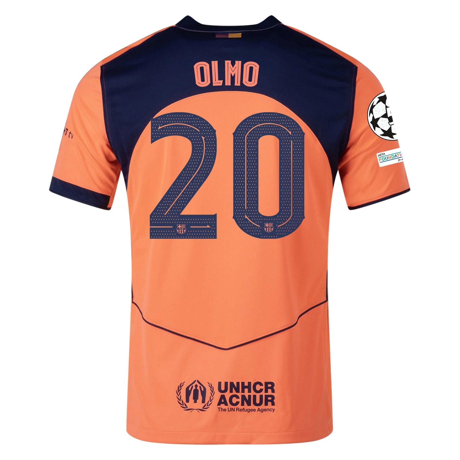 Nike Olmo Men's FC Barcelona T90 Third Jersey 25/26 w/ Champions League Patches (Mango/Navy) | SoccerWearhouse