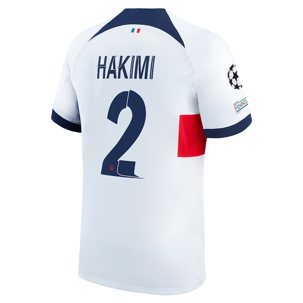 Nike Paris Saint - Germain Achraf Hakimi Away Jersey w/ Champions League Patches 23/24 (White/Midnight Navy) | SoccerWearhouse