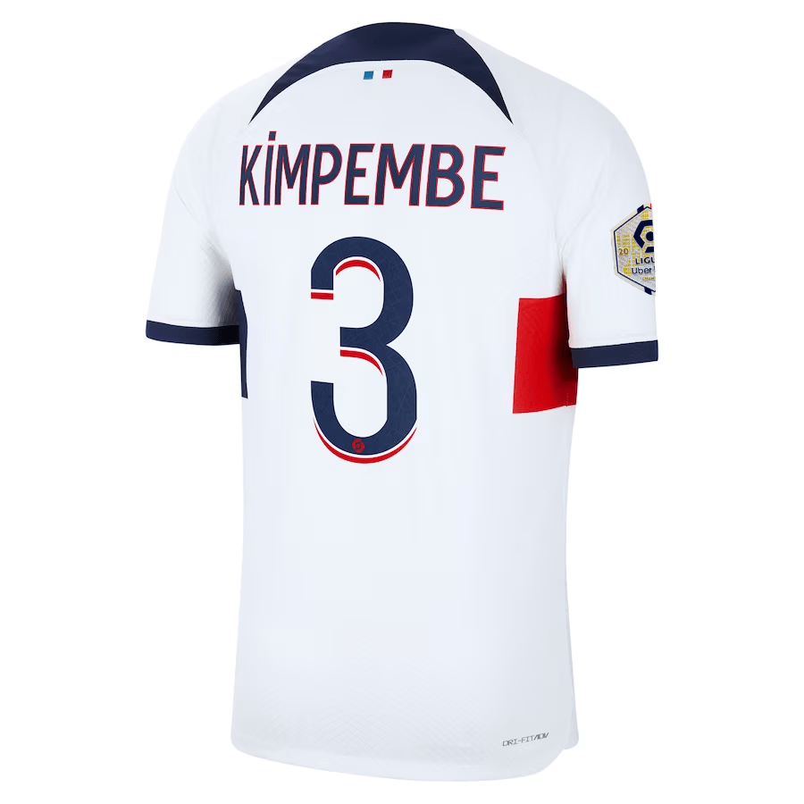 Nike Paris Saint - Germain Authentic Kimpembe Hakimi Match Vaporknit Away Jersey w/ Ligue 1 Patch 23/24 (White/Midnight Navy) | SoccerWearhouse