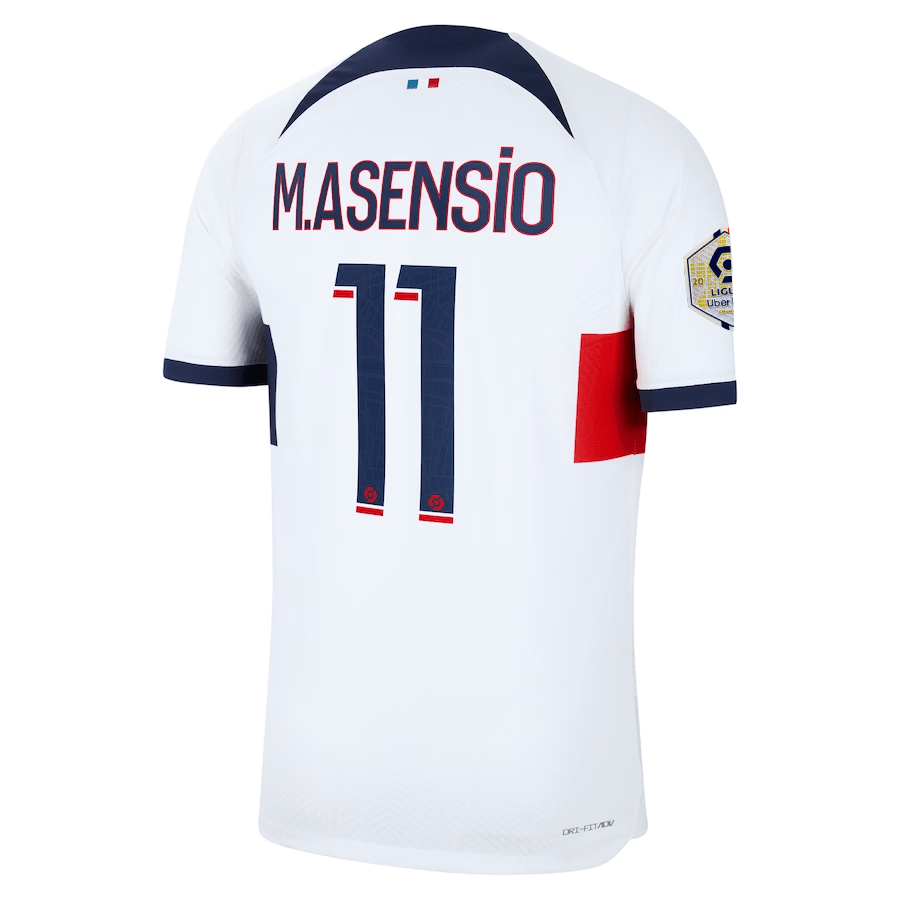 Nike Paris Saint - Germain Authentic Marco Asensio Match Vaporknit Away Jersey w/ Ligue 1 Patch 23/24 (White/Midnight Navy) | SoccerWearhouse