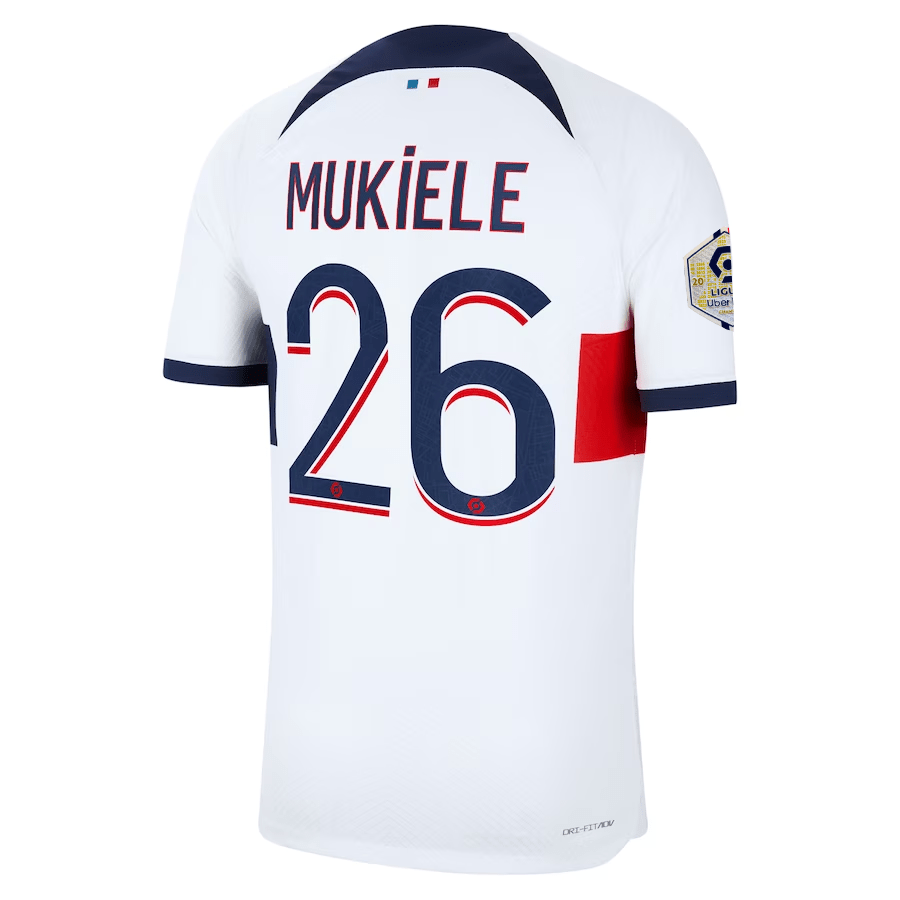Nike Paris Saint - Germain Authentic Mukiele Match Vaporknit Away Jersey w/ Ligue 1 Patch 23/24 (White/Midnight Navy) | SoccerWearhouse