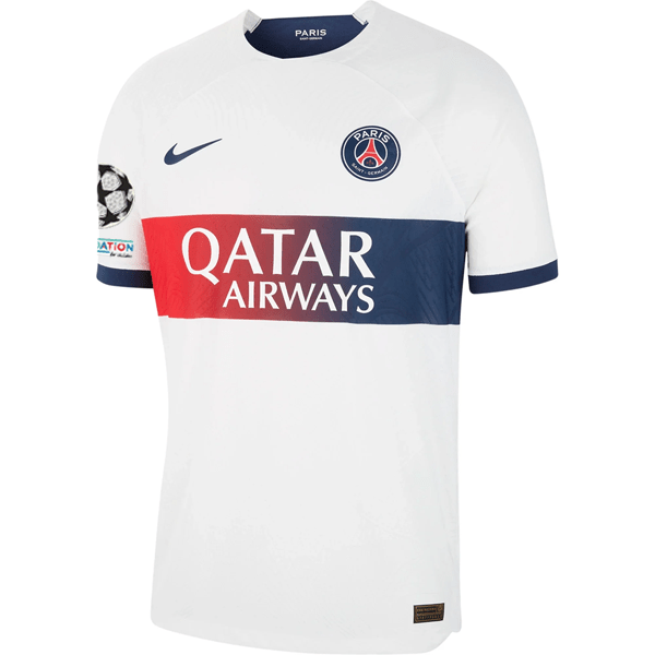 Nike Paris Saint - Germain Authentic Nuno Mendes Match Vaporknit Away Jersey w/ Champions League Patches 23/24 (White/Midnight Navy) | SoccerWearhouse