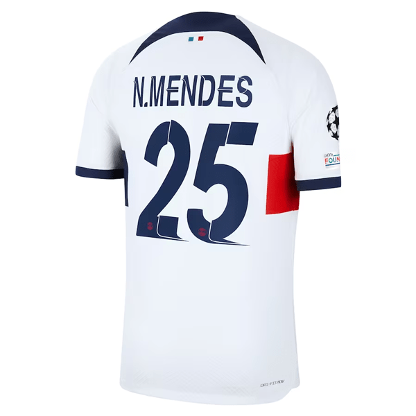 Nike Paris Saint - Germain Authentic Nuno Mendes Match Vaporknit Away Jersey w/ Champions League Patches 23/24 (White/Midnight Navy) | SoccerWearhouse
