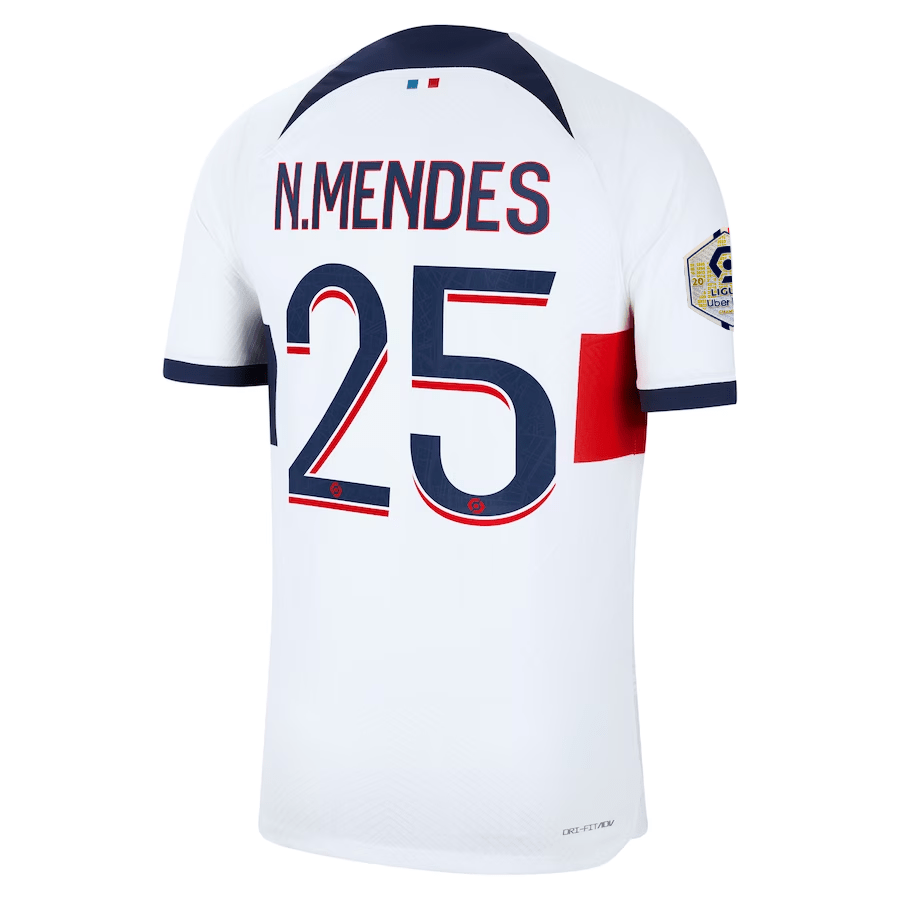 Nike Paris Saint - Germain Authentic Nuno Mendes Match Vaporknit Away Jersey w/ Ligue 1 Patch 23/24 (White/Midnight Navy) | SoccerWearhouse