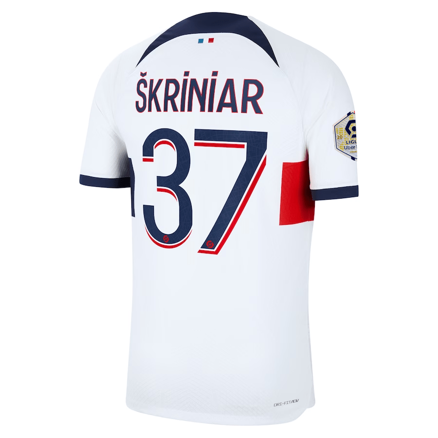 Nike Paris Saint - Germain Authentic Skriniar Match Vaporknit Away Jersey w/ Ligue 1 Patch 23/24 (White/Midnight Navy) | SoccerWearhouse