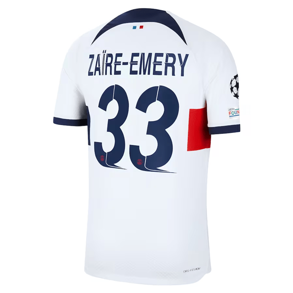 Nike Paris Saint - Germain Authentic Zaire - Emery Match Vaporknit Away Jersey w/ Champions League Patches 23/24 (White/Midnight Navy) | SoccerWearhouse