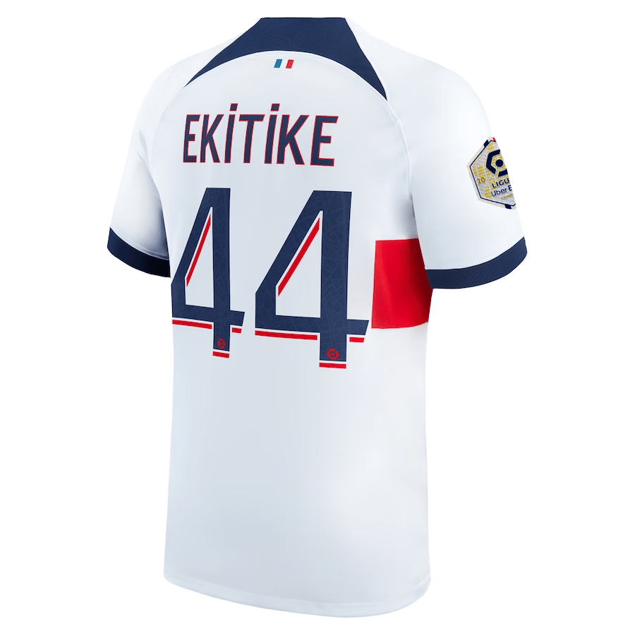 Nike Paris Saint - Germain Huge Etikike Away Jersey w/ Ligue 1 Patch 23/24 (White/Midnight Navy) | SoccerWearhouse